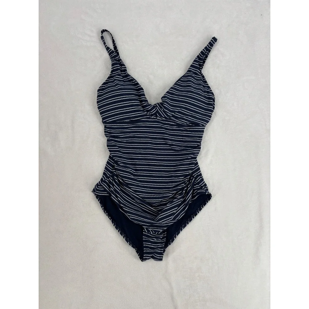 Niptuck Swim Navy Blue Nautical Rope Stripe‎ One Piece Multi Fit Cup Size 12